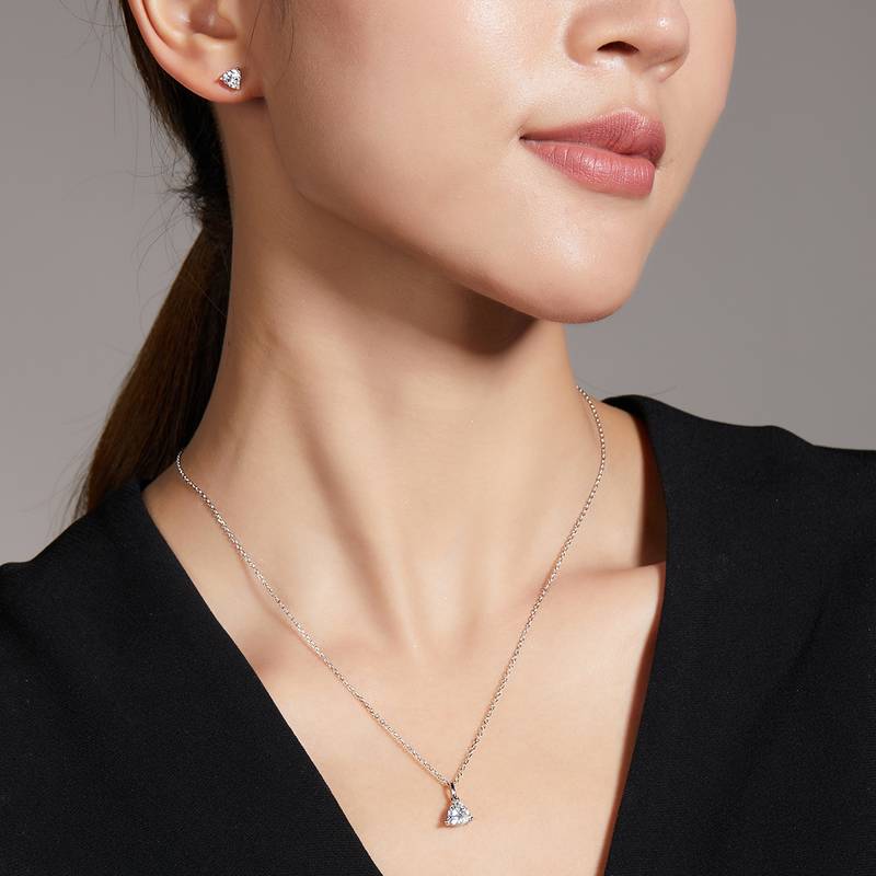 Classic三角形S925银镀白金MoissanitePendantStud Earring套装